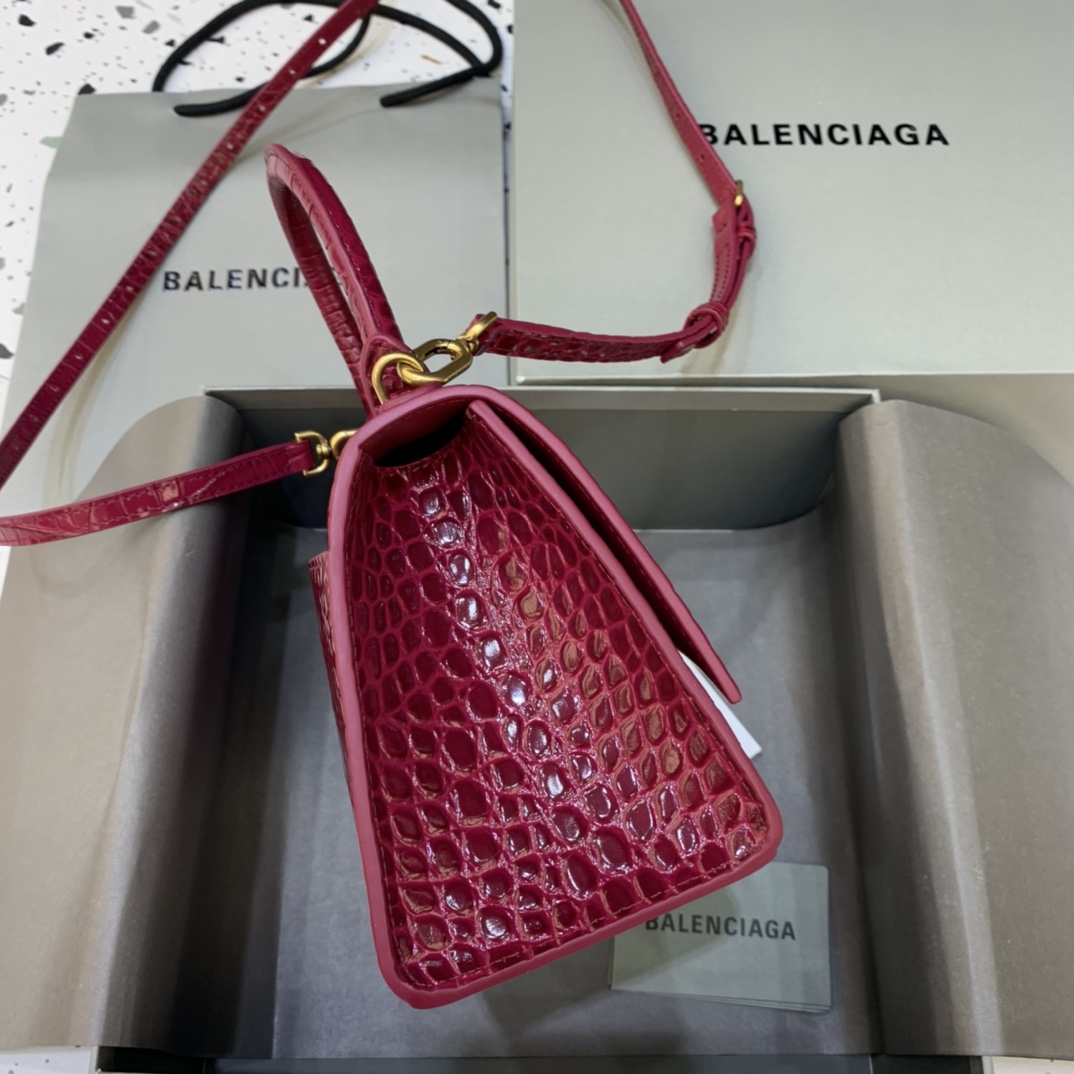 Balenciaga Hourglass Small Handbag Crocodile Embossed Shoulder Bag Burgundy